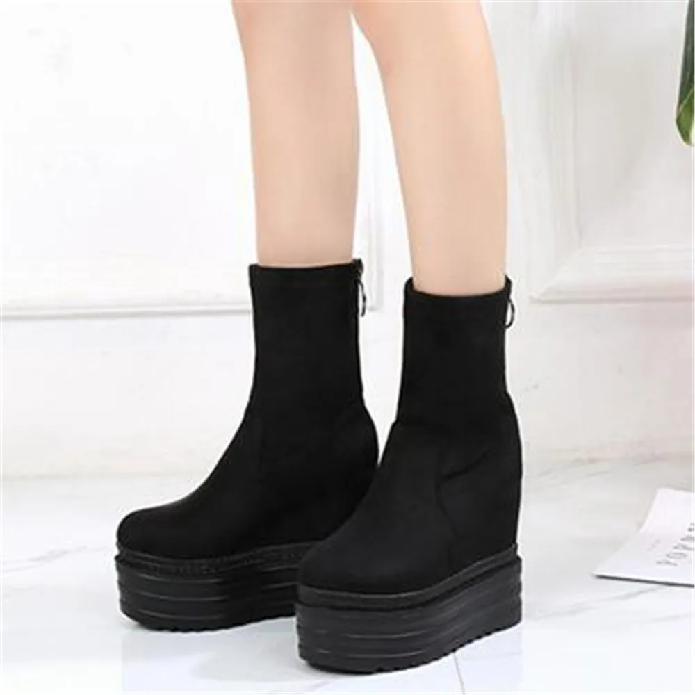 High Quality Women Slope Muffin Shoes Heels Wedge Suede Elasticated Platform Ankle Boots Casual Thick Soled Back Zipper Shoes