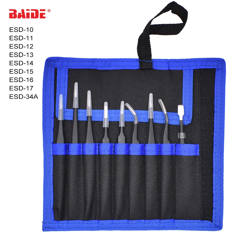 Black ESD Antistatic Stainless with Canvas Bag 9 in 1 Tweezers Kit Tweezers Set for Phone Toy Electrical Repair Hand Tools Tongs