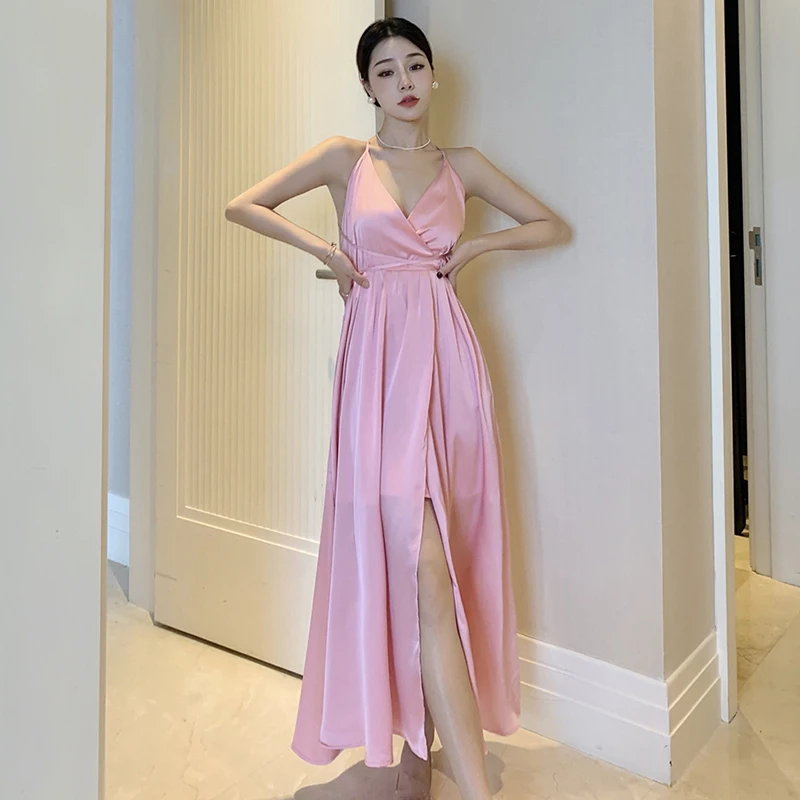 

Fashion Women Vintage Sexy Strap Backless Bandage Maxi Party Club Dress Elegant Robe Satin Beach Vacation Female Dress With Slit