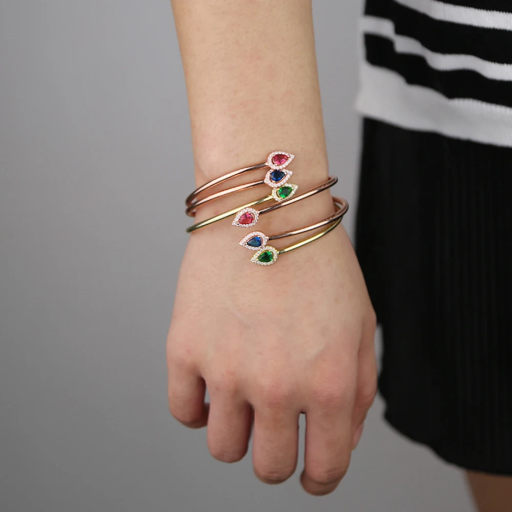 Open adjusted size tear drop cz green red blue twisted band cuff bangle bracelet fashion