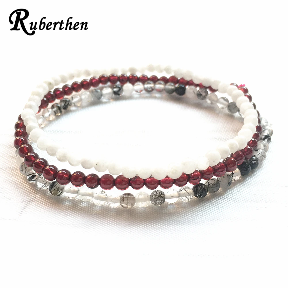 Ruberthen A Grade Moonstone Garnet Bracelet Set Trendy Rutilated Quatrz Bracelet 4 mm Mini Gemstone Energy Bracelets