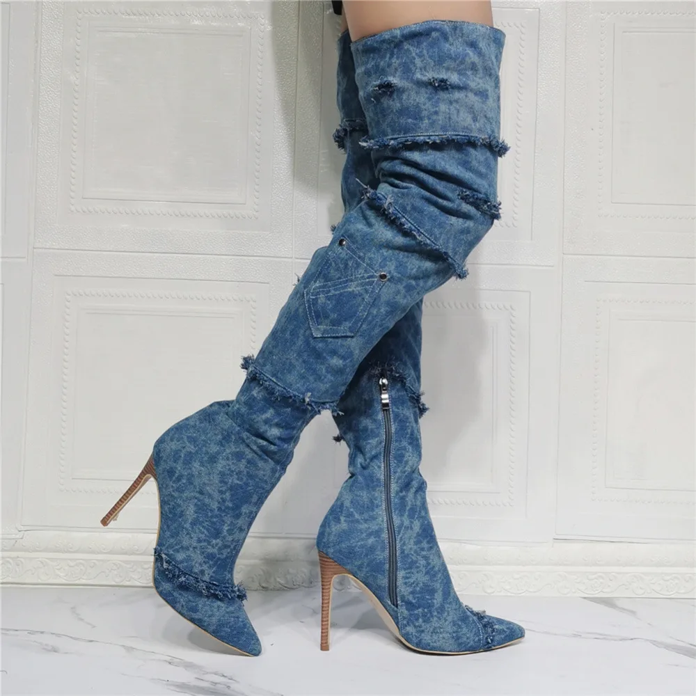 Kolnoo Handmade Cổ Điển Giày Cao Gót Quá Đầu Gối Giày Denim Miếng Dán Cường Lực Da Tối Đùi-Giày Cao Gợi Cảm Thời Trang Mới giày