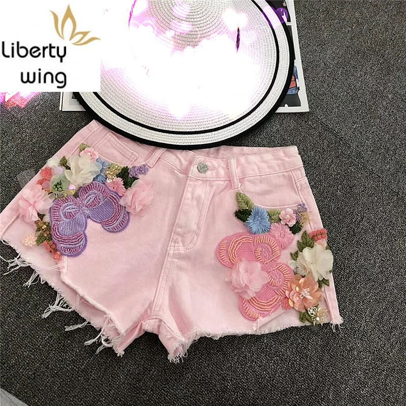 Hot Fashion Summer Women Shorts Embroidery Flower Sweet Woman Jeans Casaul Zipper Personalized Harajuku Denim Trouser Femme