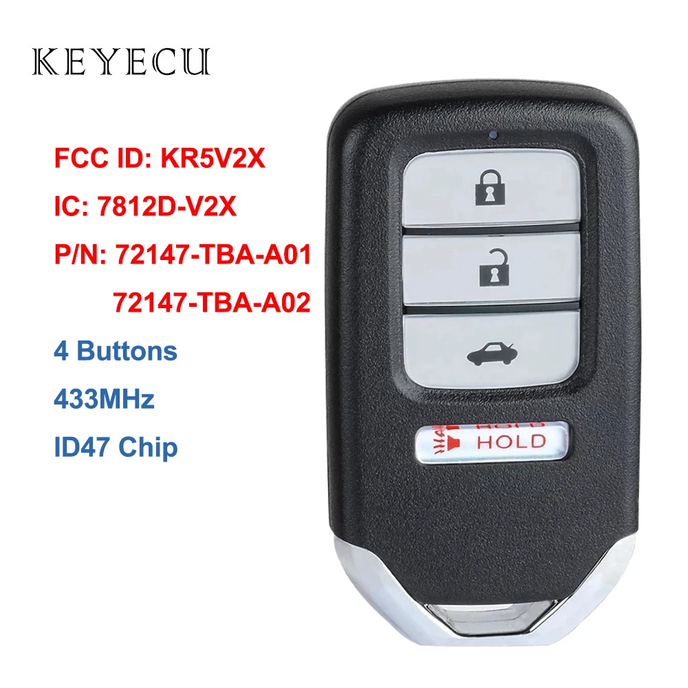 

Keyecu Smart Remote Car Key Fob 4 Buttons 433MHz ID47 Chip for Honda Civic 2020 2019 2018 KR5V2X, 72147-TBA-A01, 72147-TBA-A02