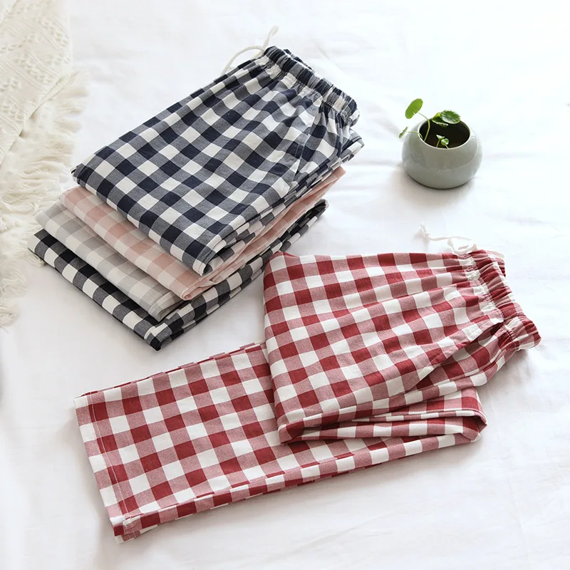 Men and Women Japanese Simple Plaid Sleep Bottoms Spring/Autumn Knitted Cotton Casual Trousers Thin Loose Couple Home Pants 2021