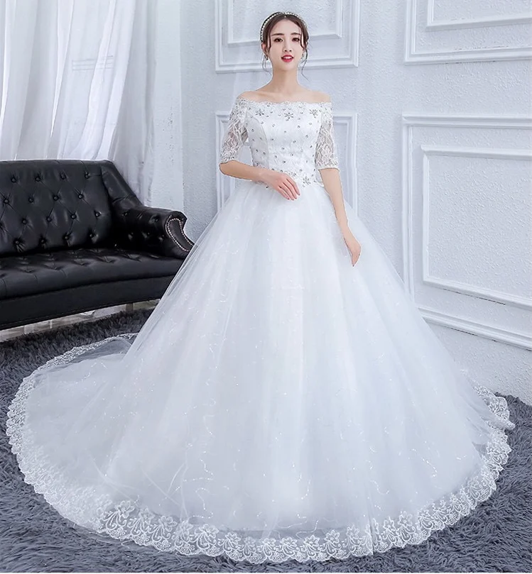 2022 웨딩 드레스 긴 모자 레이스 웨딩 드레스 기차 흰 꽃 신부 웨딩 드레스 레이스 업 Vestido De Noiva