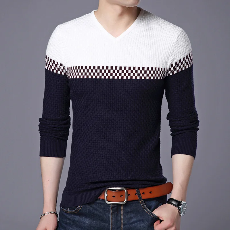 2023 Herbst Winter warme Woll pullover lässig Hit Farbe Patchwork V-Ausschnitt Pullover Männer Marke Slim Fit Baumwoll pullover
