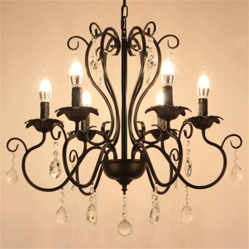 Retro Industrial Chandelier Light European Black White Wrought Iron Lamps with Cystals For Living Room Bar E14 Lustre Luminaria