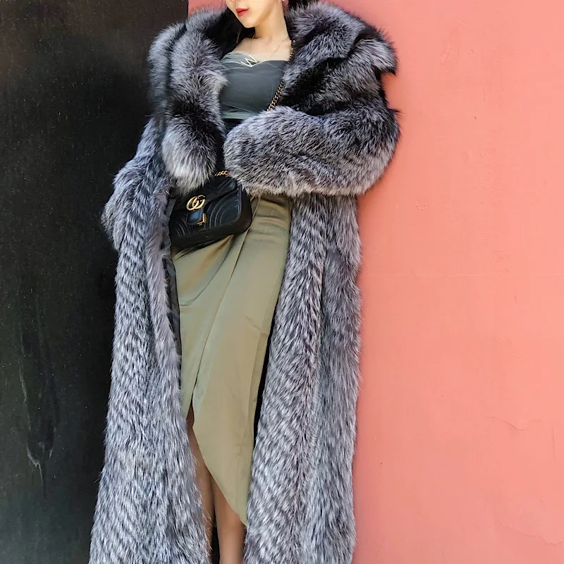 New off Season Special Price in Autumn And Winter Of 2021 Silver Fox Full Skin Lapel Young Super Long Fur lady\'s Coat