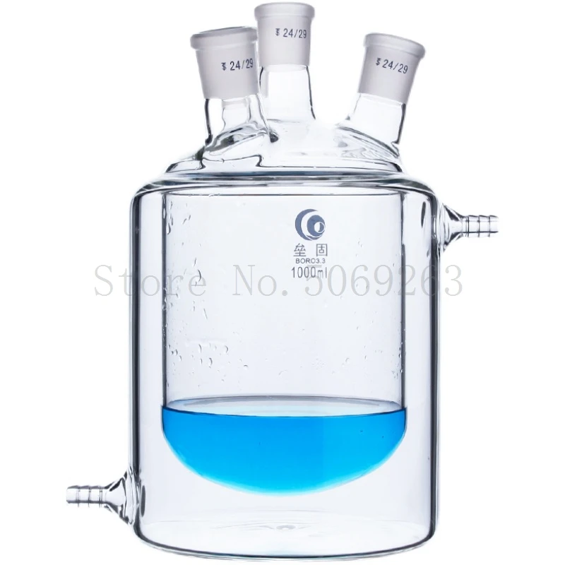 Flat Bottom Four Mouth Glass Jacketed Reaction Bottle Laboratory Double-layer Laboratory Reactor Flask