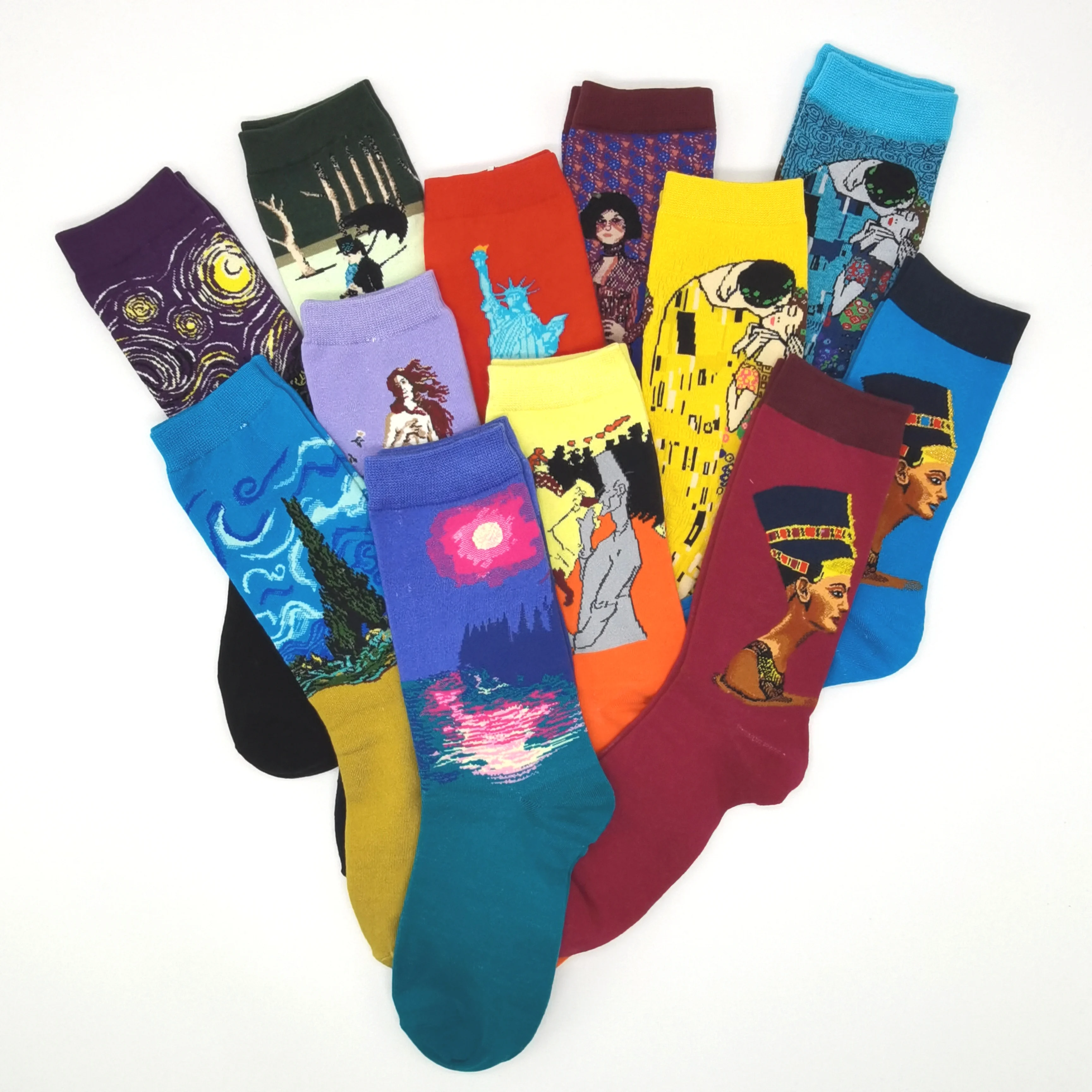 12 Pairs/Pack Men Woman Colorful Fun Cotton Socks Famous Painting PatternedPrinted Cool Novelty Funny Art Dress Socks