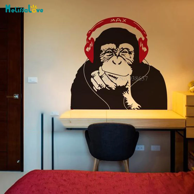 Gorilla Monkey with Headphones Decal Listening to Music Home Living Room Decor Waterproof Removable Vinyl Wall Sticker BD208