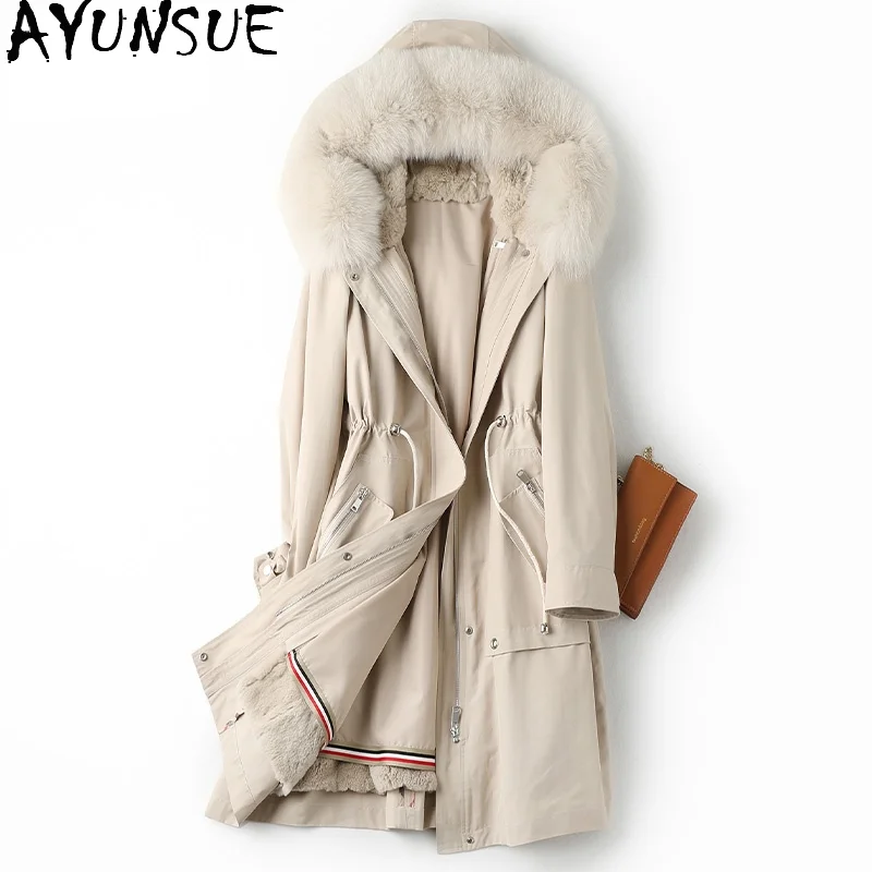 

AYUNSUE Winter Jacket Women Warm Hooded Fox Fur Collar Parka Female 2021 Autumn Rex Rabbit Fur Liner Coat Casaco Feminino Gxy484