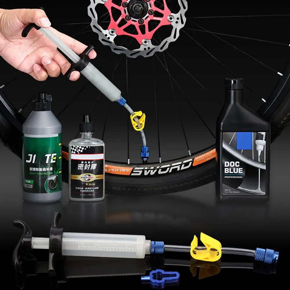 Bicycle Tubeless Tire Liquid Injection Tool Bike Tire Tubeless Sealant Injector 67X135mm Syringe Rubber Hose Kit For MTB Bicycle