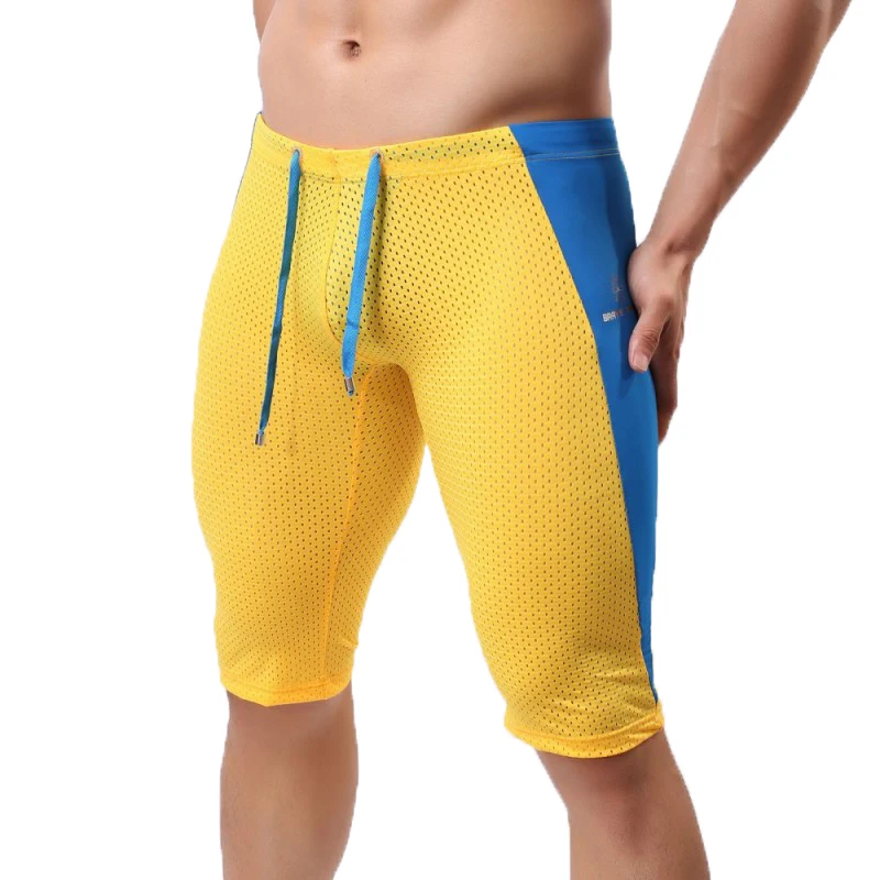 Boxer Long en maille respirante pour homme, sous-vêtement de sport, sans couture, pour Fitness, course à pied, entraînement, bas de sommeil, Patchwork