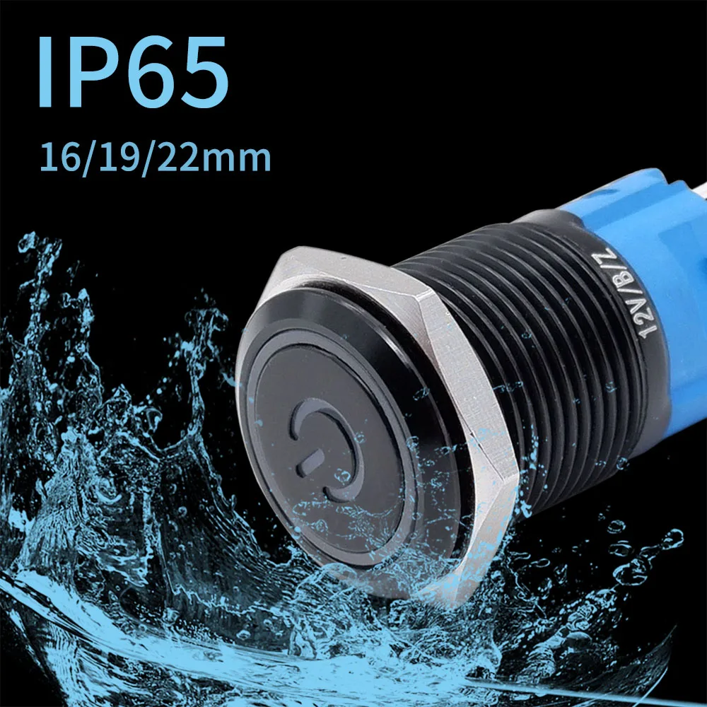 Black Power Push Button Switch 12v with Fixation Momentary Metal LED Lamp Switch Start Stop 220V Backlit PC 16mm 19mm 22mm DIY