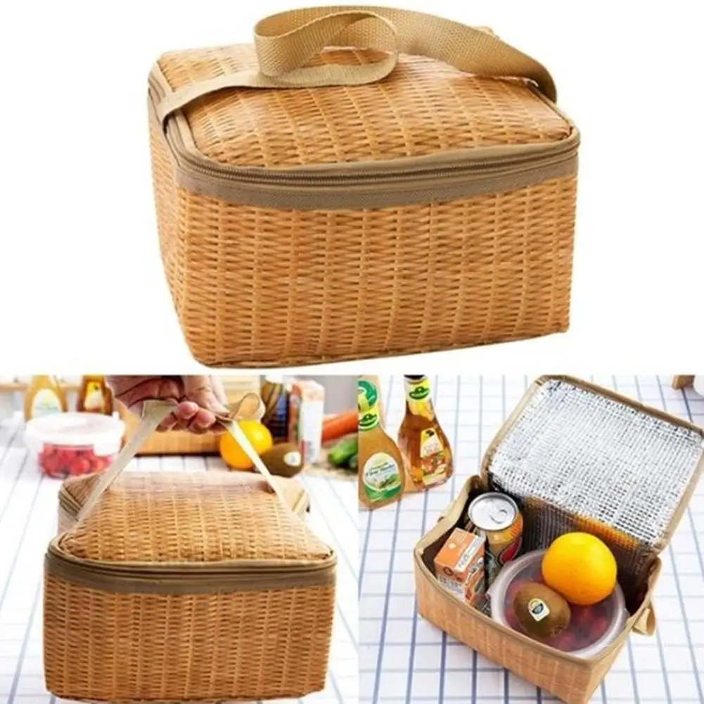 Wicker Rattan Picnic Bag Outdoor Portable Waterproof Bag Insulated Thermal Cooler Food Container Tableware Camping Picnic Basket