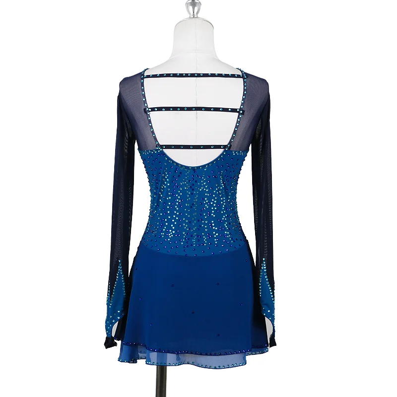 ZAGITOVA Deep Blue Figure Skating Dress Women Girls Ice Skating Skirt Long Sleeve Round Neck Backless