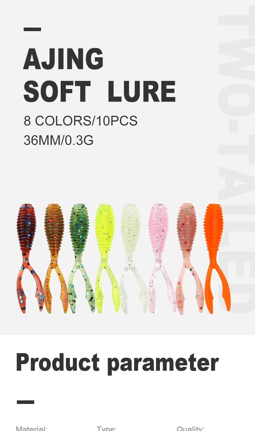 Spinpoler AJING Weiche Angelköder Rockfish 10 teile/los 0,3g 36mm Twin Tail Künstliche Wobbler Ocean Rock Silikon Shad Wurm Köder – Detail 9