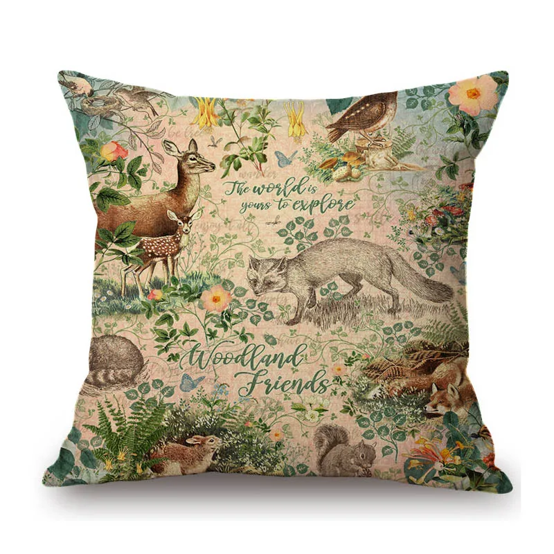 Cute Lovely Woodland Animals Green Plants Cartoon Children Room Decoration Sofa Throw Pillow Case Cotton Linen Cushion Cover