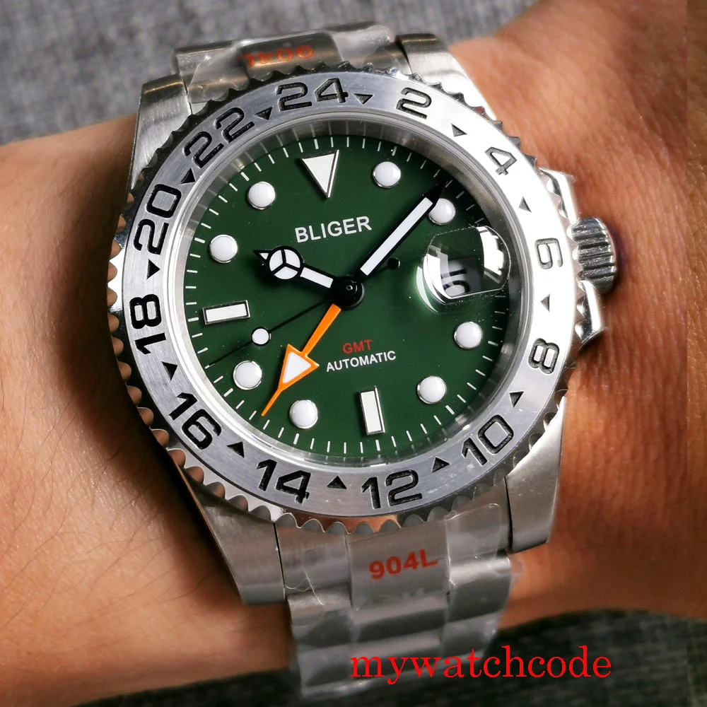 

Bliger 40mm High Quality Green Dial Sapphire Glass Date Indicator Rotating Bezel GMT Automatic Men Wristwatch