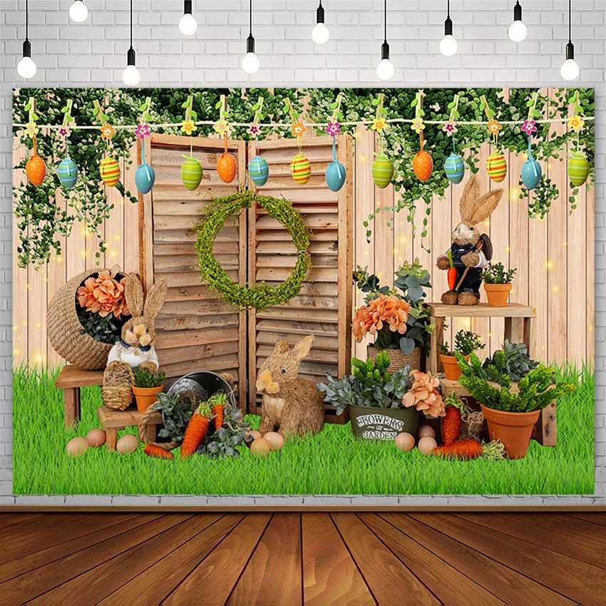 Avezano Spring Photography Backdground Easter Eggs Carrot Grassland Baby Shower Wooden Wall Newborn Portrait Backdrop Photozone