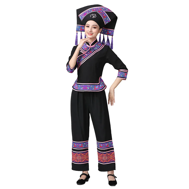 HuNan tujia miao Outfit Hat + Jacket + Pants Guangxi zhuang Garment minority dance dress Lady Enthnic Vacation party costume