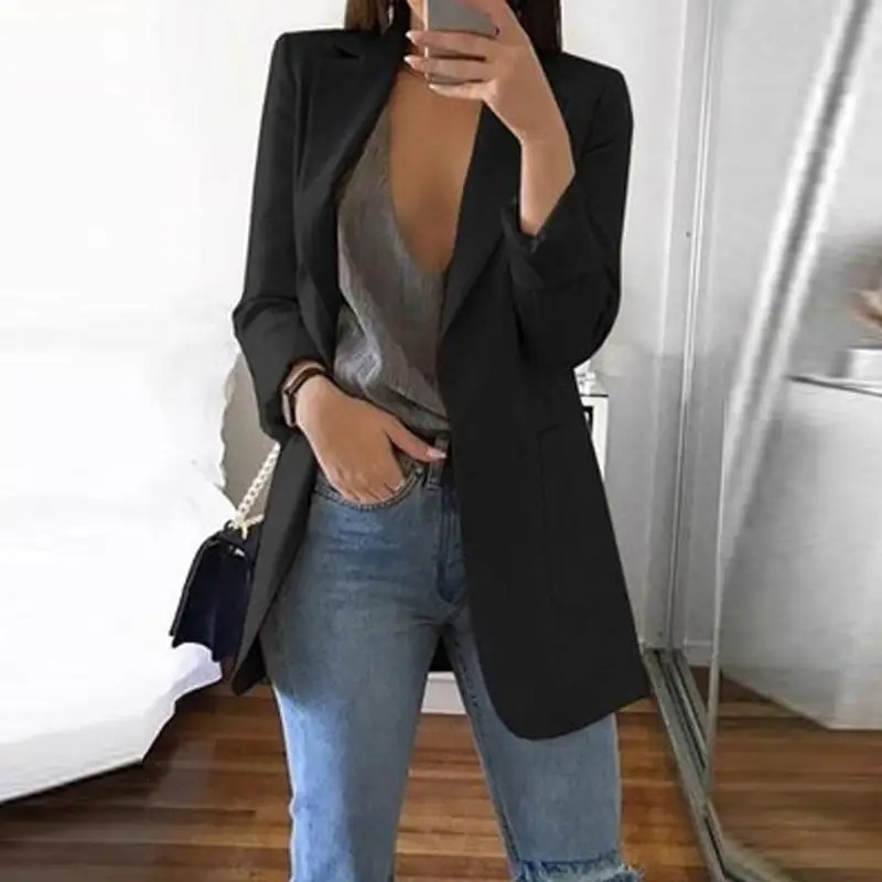 Veste de bureau pour femmes, manteau de poche, blazer noir, couleur unie, Slim, gris, kaki, automne hiver