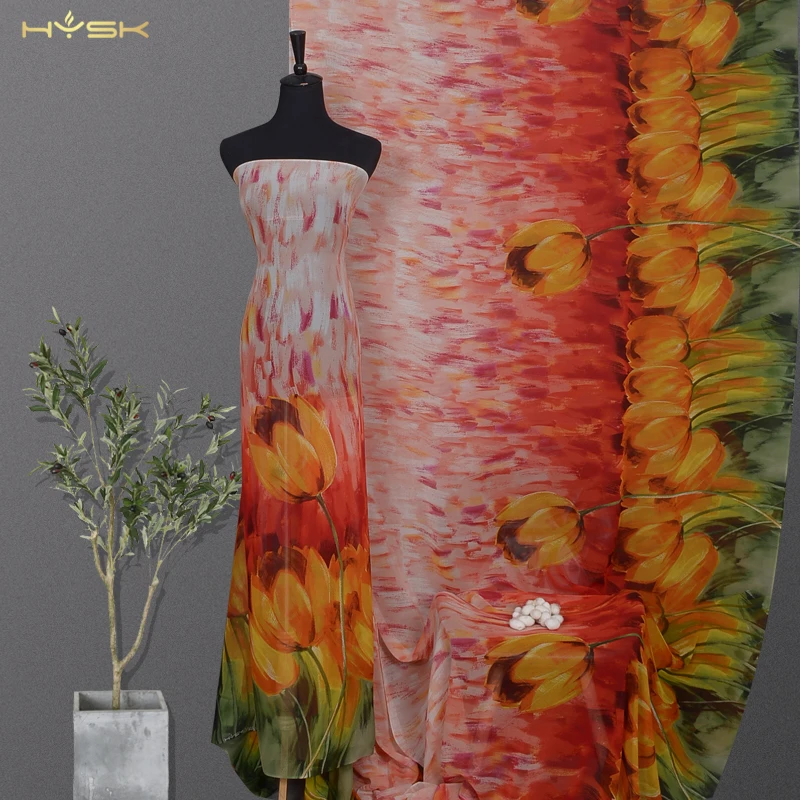 HYSK mulberry chiffon silk fabric bright abstract african printing floral transparent silk textile wholesale for shirts Q3263