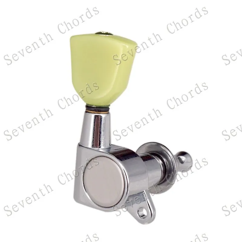 Ein Set mit 6 Stück versiegelten Mechaniken für Gitarren, inklusive Stimmwirbeln, Stimmknöpfen und Trapez-Jade-Grün-Knöpfen, Gitarrenzubehör und -teile. – Detail 7
