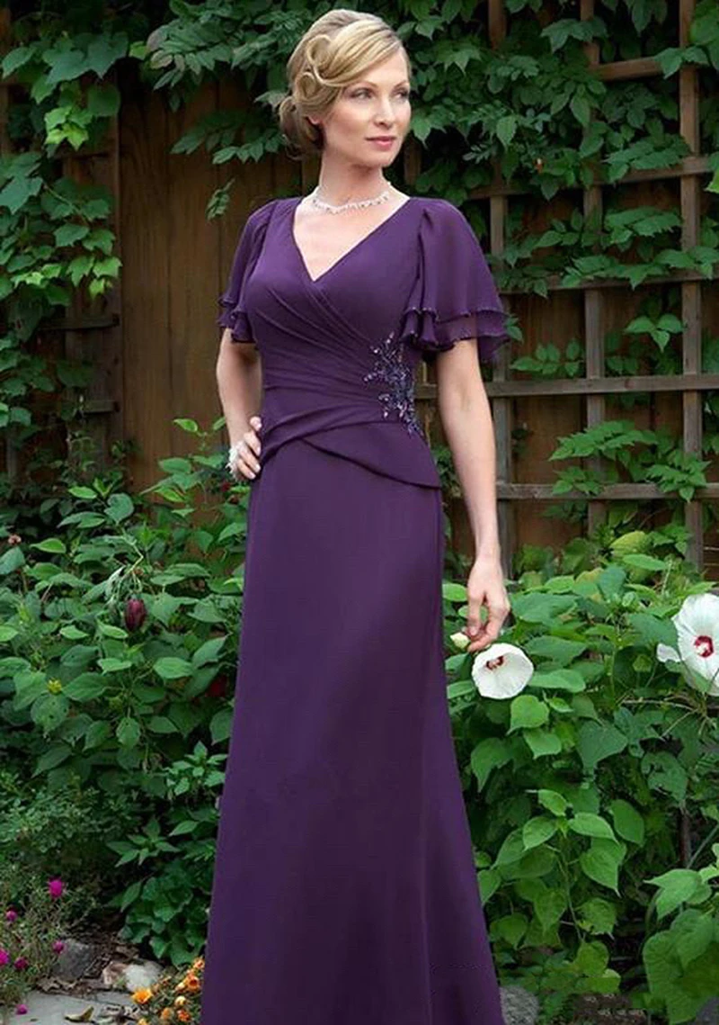 Dark Purple Mother Of The Bride Dresses Chiffon V-Neck Beaded Ruched Short Flare Sleeve Floor-Length Formal Evening Prom Gown