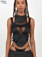 Sisterlinda-Camiseta sin mangas de Moto Y2K para mujer, retales de malla, cinturón ajustado, cremallera, multicapa, deportiva, tendencia locomotora, Primavera, 2022