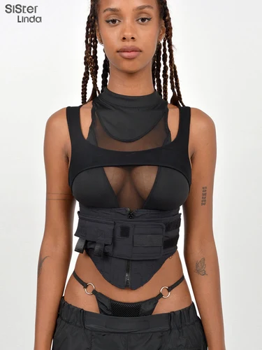 Sisterlinda-Camiseta sin mangas de Moto Y2K para mujer, retales de malla, cinturón ajustado, cremallera, multicapa, deportiva, tendencia locomotora, Primavera, 2022