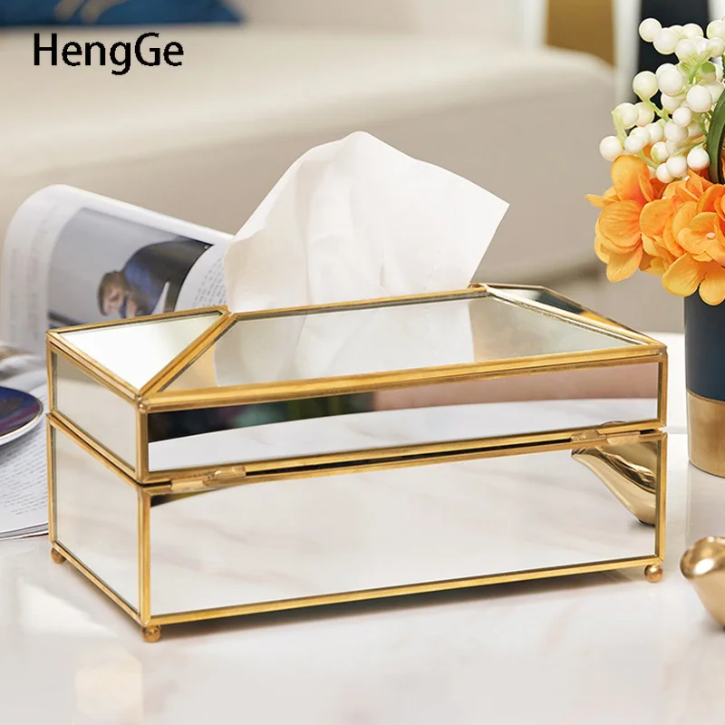 

Mirror Surface Glass Tissue Box Golden Frame Decorate Coffee Table Desktop Tissue Box Cover Dining Table Decor Napkin Holder