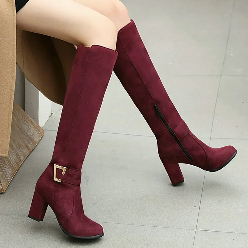 2021 New Faux Suede Women Knee High Boots Fashion Buckle Women Square Heel Boots Autumn Winter Ladies Shoes Black Blue Wine Red