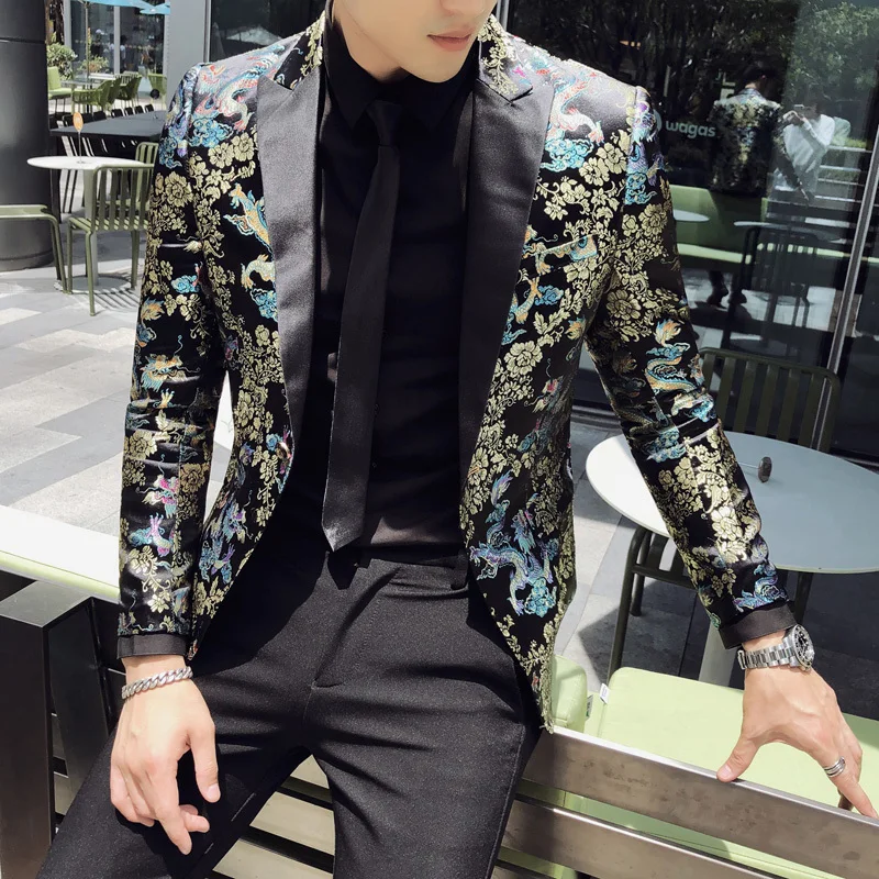 Brand New 2020 Mens One Button Blazer Jacket Personality Jacquard Bronzing Floral Blazer Men Party Stage Singer Costume Homme