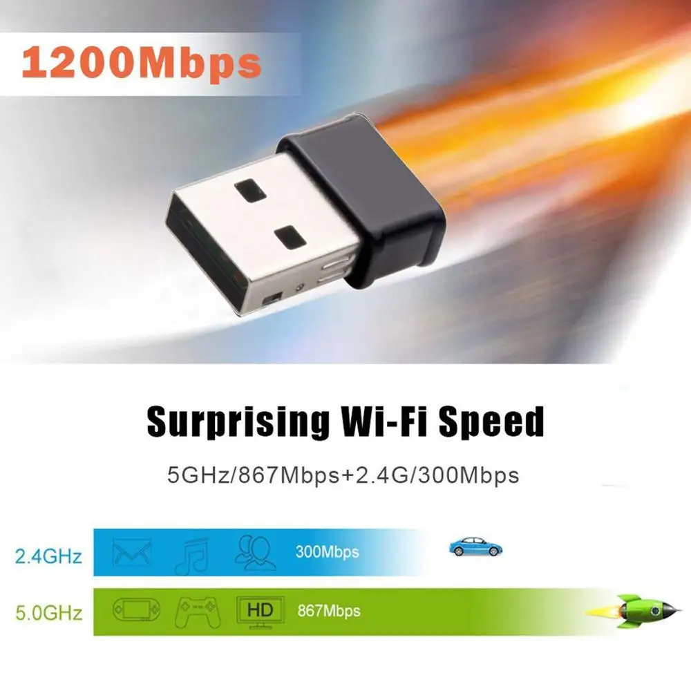 Wireless WiFi Adapter 1200Mbps USB3.0 Dongle 2.4G/5G Long Range Stable Signal Network for Windows XP/10/8//7/Visa/ Mac10.6-10.13