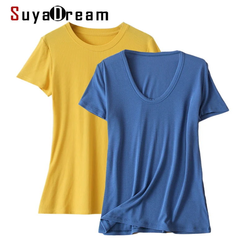 

SuyaDream Women Basic T Shirt Real Silk Blend U Neck Short Sleeves Knitted Ribs Shirt 2021 Summer Tee