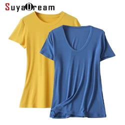 SuyaDream Women Basic T Shirt Real Silk Blend U Neck Short Sleeves Knitted Ribs Shirt 2021 Summer Tee