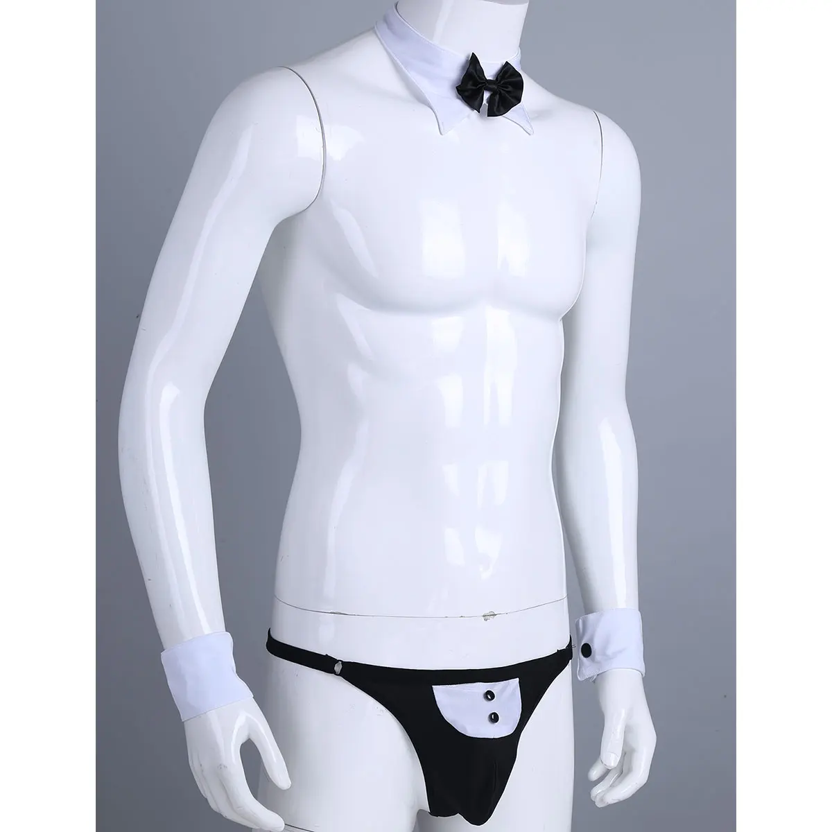 Mens Waiter Lingerie Suit Roleplay Costume Underwear Open Back Tuxedo G-string Thong Underwear with Bow Tie Collar And Bracelet