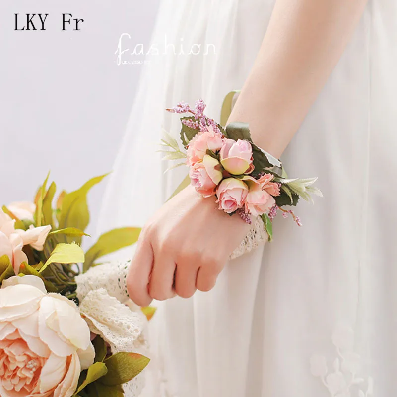 LKY FR งานแต่งงานข้อมือ Corsage Bridesmaid สร้อยข้อมือดอกไม้ผ้าไหม Corsage ข้อมือสร้อยข้อมือแต่งงานดอกไม้ Boutonniere เจ้าบ่าว