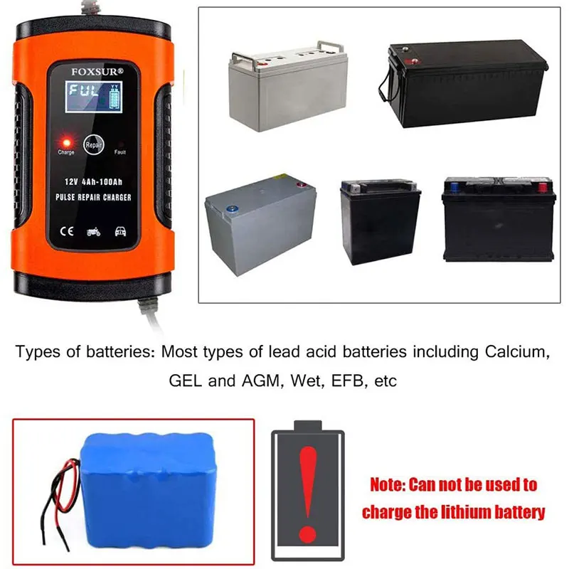 FOXSUR 12V 5A Automatic Car Battery Charger Power Pulse Repair Chargers Wet Dry Lead Acid Battery Digital for SUV LCD Display