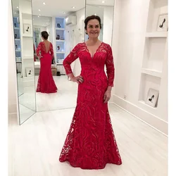 Grace Red Mother of The Bride Dresses V-neck Long Sleeve Floor-Length Formal Evening Gown Lace Mermaid Mother Gowns for Weddings