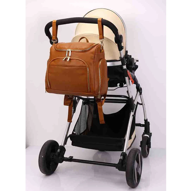 High Quality PU Leather Baby Nappy Diaper Bag Backpack Women With Changing Pad Stroller Straps Insulation Bag