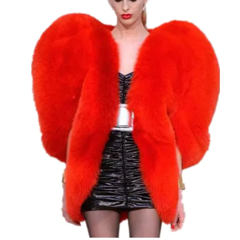 Red Love Heart Faux Fox Fur Shaped Cape Long Hairy Shaggy Coat Women Thick Warm Outwear Tops