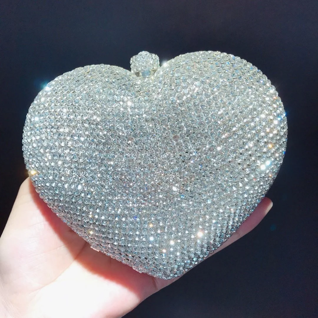 New Arrival Silver Metal Clutch Bag Luxury Heart Shape Women’s Full Diamond Evening Clutches Handbags Prom Dinner Purse For Lady