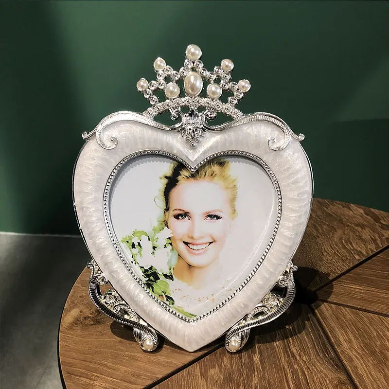 Shiny Silver Plated Heart Shaped Crown Design White With Pearls Jeweled 5x5 Inches Tabletop Metal Alloy Picture Photo Frame