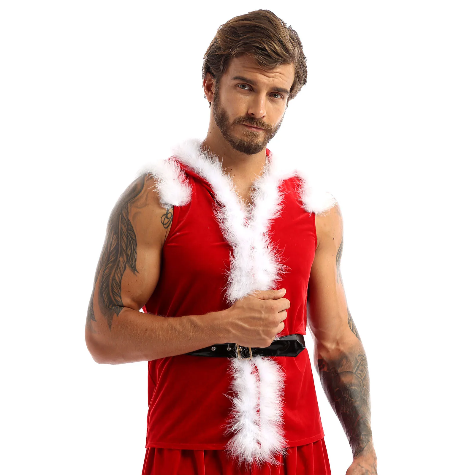 Men Soft Velvet Xmas Party Cosplay Costume Dress Up Sleeveless Faux Fur Trimming Hooded Tops Coat Male Christmas Night Sleepwear