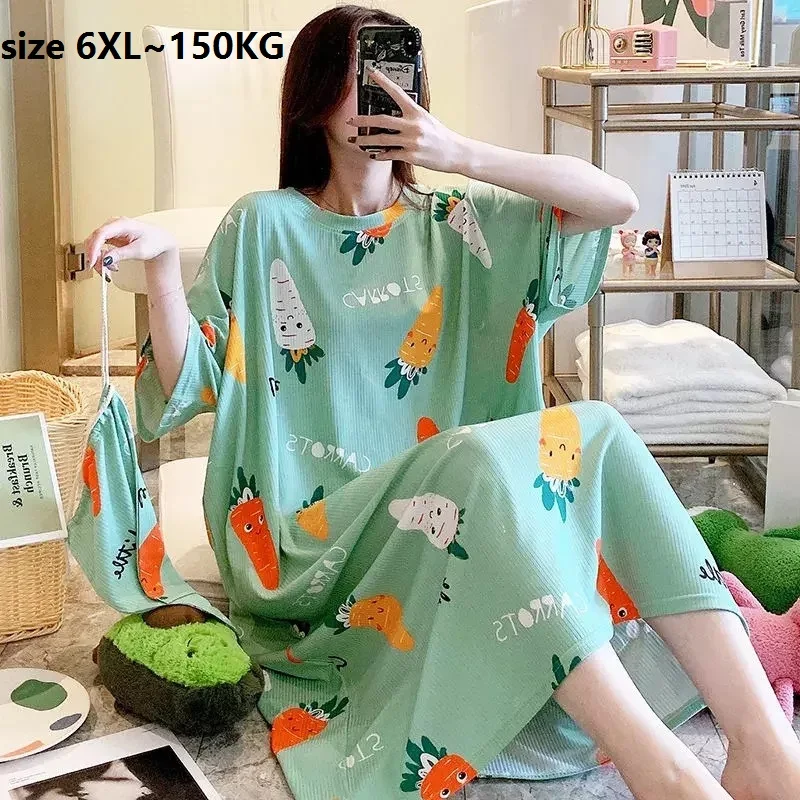 Plus size 6XL 150KG Long Night Dress Short Sleeve Women O-Neck Cartoon Printed Sleepwear Casual Oversized Summer Home Dress