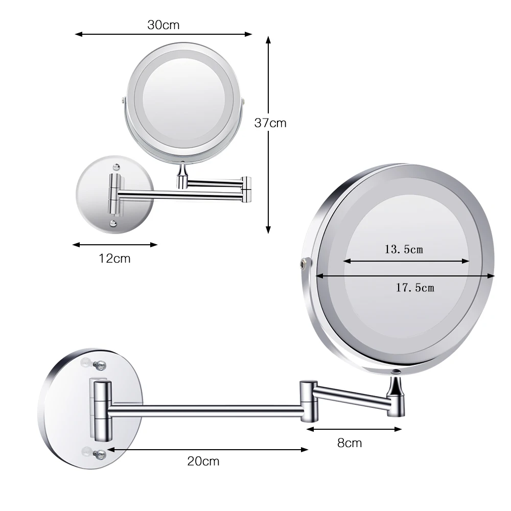 مرآة حائط قابلة للطي على الوجهين ، مرآة مكياج Led مع إضاءة ، مرآة زينة قابلة للطي على الوجهين ، تكبير 10x ، للحمام